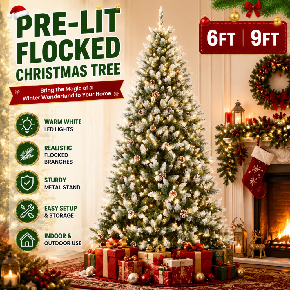 Outdoor Power Point - Vorbeleuchteter, beflockter künstlicher Weihnachtsbaum 6'/9' mit